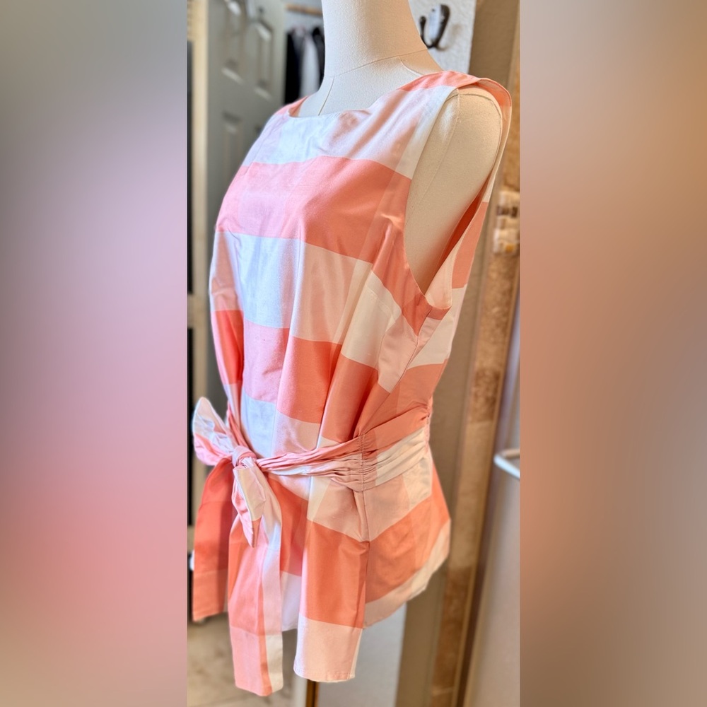 SARA CAMPBELL Silk Peach Plaid Bow Sash Tie Waist Sleeveless Blouse Fully Lined - Picture 5 of 16